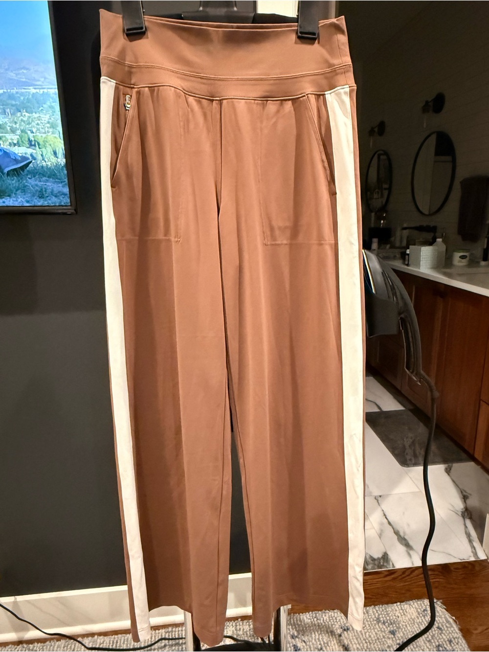 Athleta Brown Wide-Leg Track Pants with Cream Side Stripes